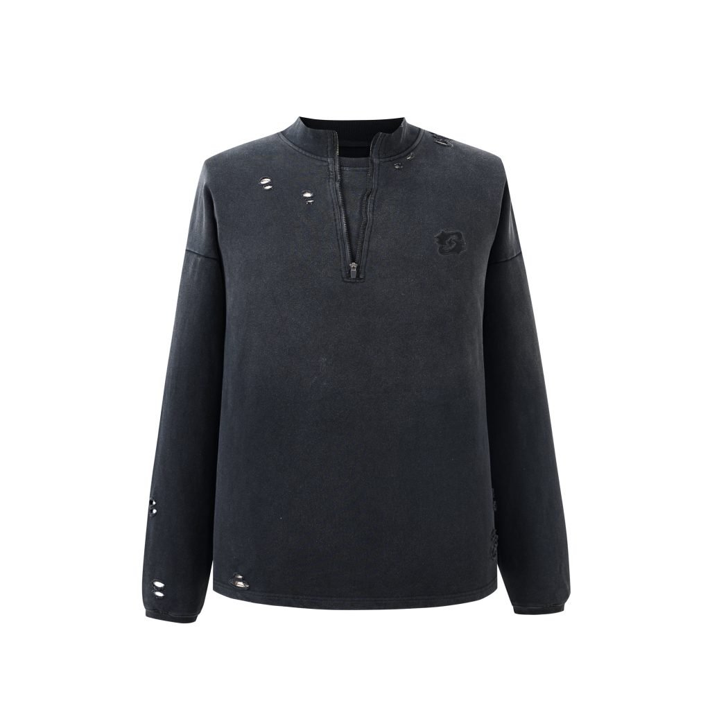 DISTRESSED HALF-ZIP SWEATSHIRT
