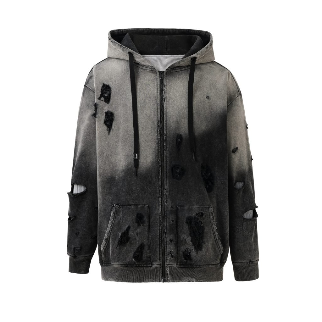 DISTRESSED FADED ZIP-UP HOODIE