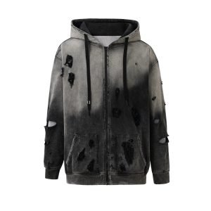 DISTRESSED FADED ZIP-UP HOODIE