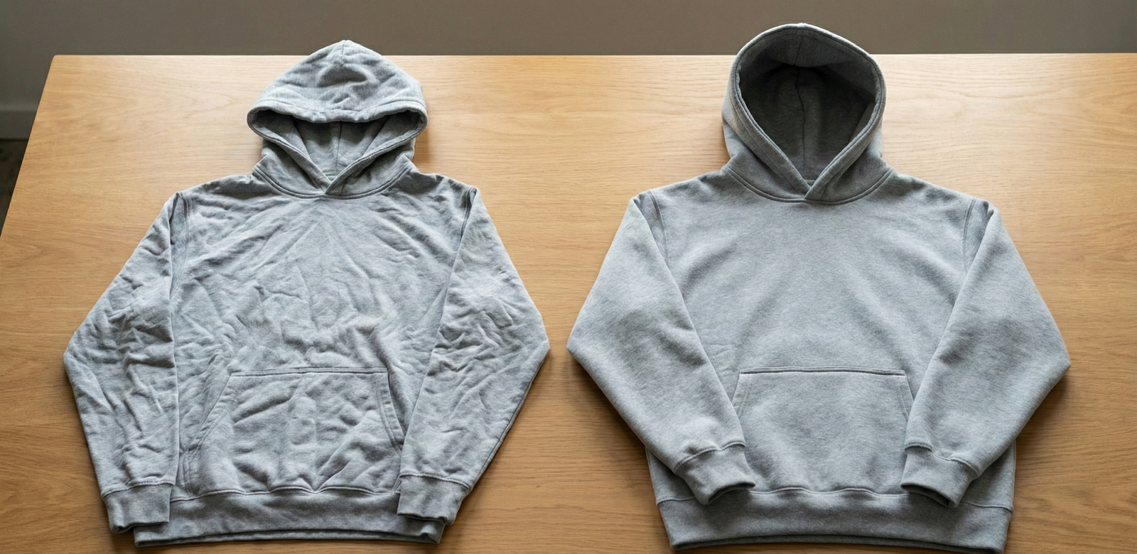 Comparison showing 380gsm cotton fabric wrinkled after vacuum sealing and fluffy immediately after steaming.