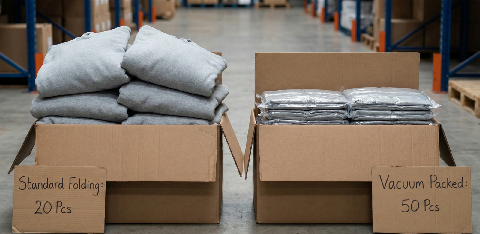 Side-by-side comparison of a cardboard box holding 20 standard folded hoodies versus 50 vacuum packed heavyweight hoodies.