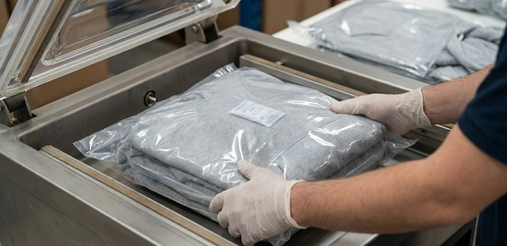 Industrial vacuum sealing machine process for bulk apparel packaging using heavy-duty PA+PE bags and desiccant packs.