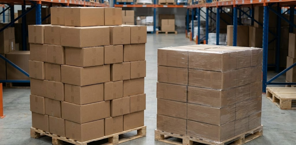 Warehouse storage space comparison showing 50 standard cartons vs 20 vacuum packed cartons for 380gsm heavyweight hoodies logistics optimization.