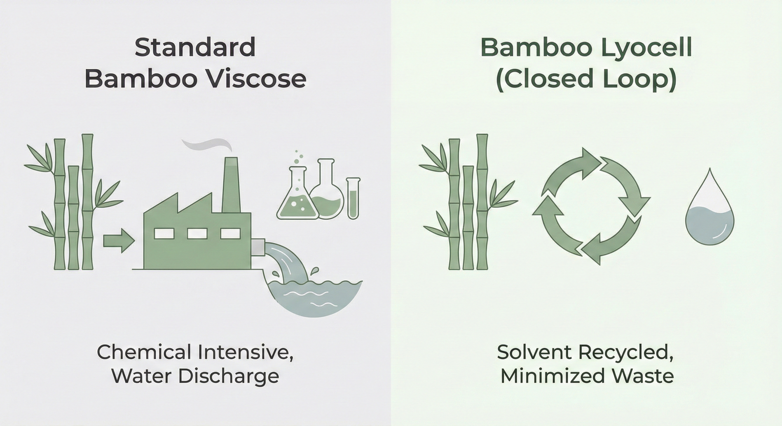 Infographic comparing the chemical process of bamboo viscose rayon versus the closed-loop sustainable process of bamboo lyocell fabric.