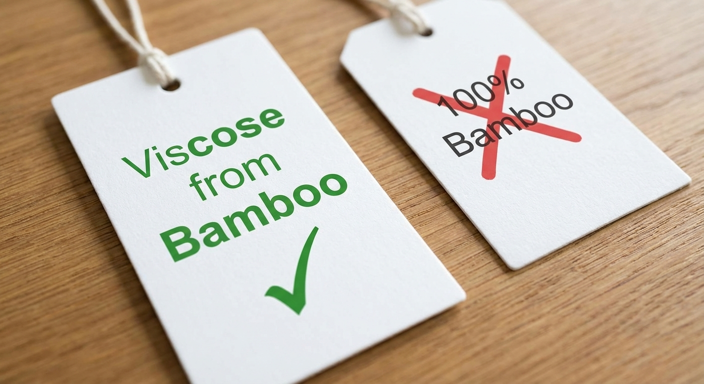 Close-up of a clothing care label showing the correct FTC compliant text 'Viscose from Bamboo' versus a non-compliant '100% Bamboo' label with a red cross.