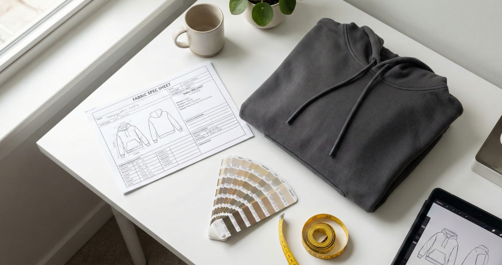 Workspace of a high-end private label clothing manufacturer showing custom hoodies, tech packs, and fabric swatches for premium brands.
