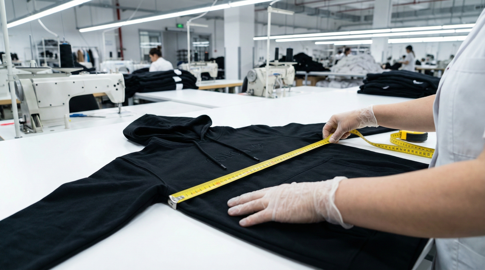 Factory worker measuring pre-shrunk hoodie to ensure bulk order sizing consistency