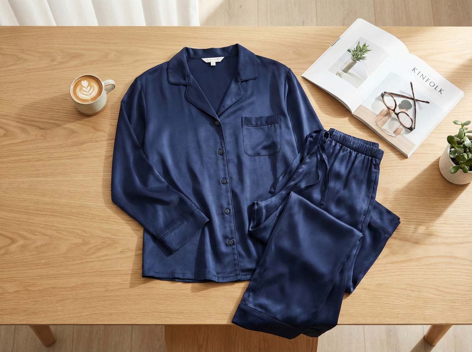 Private label bamboo pajamas set flat lay for loungewear brands.