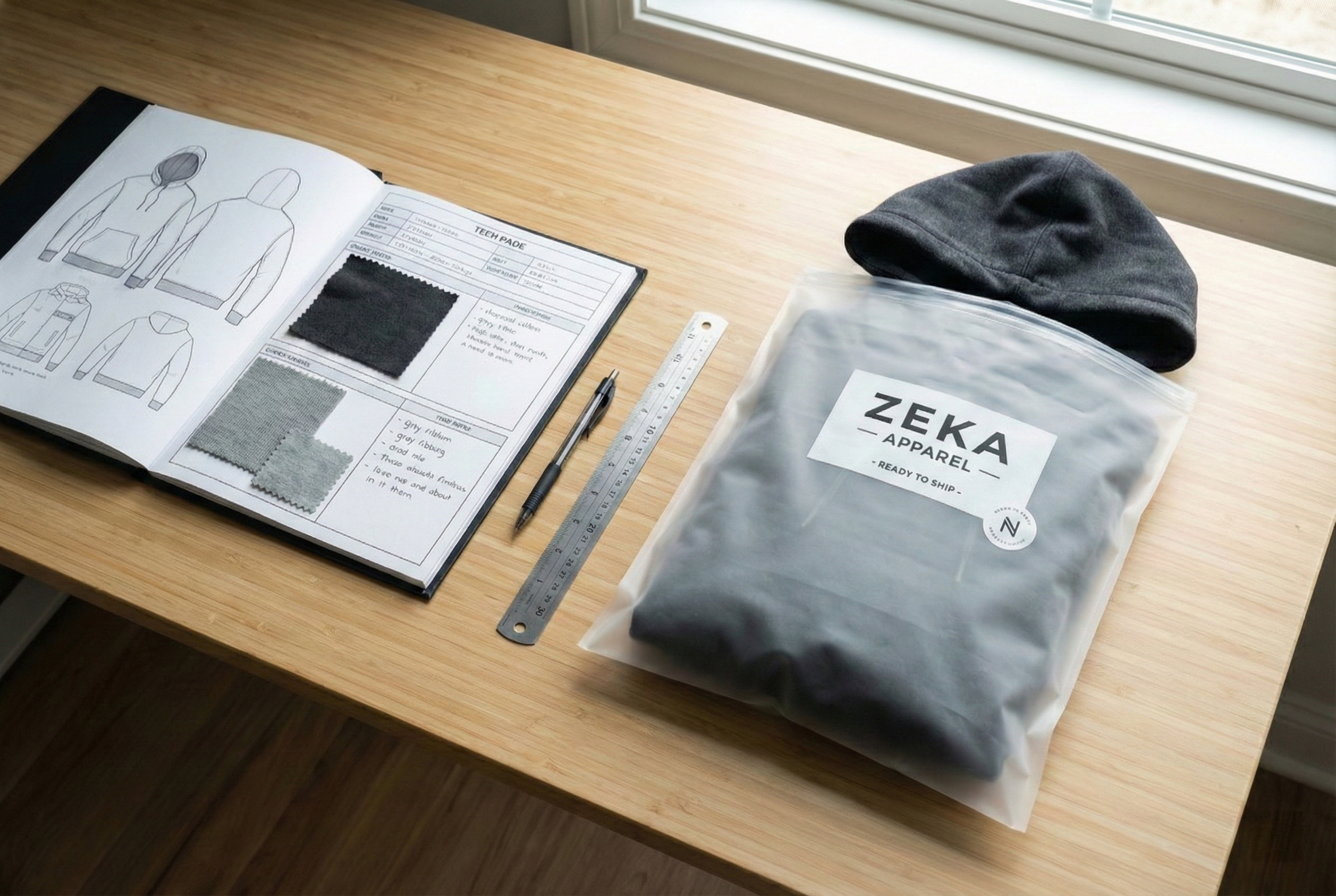 Private label hoodie manufacturing service showing tech pack and custom packaging for startups