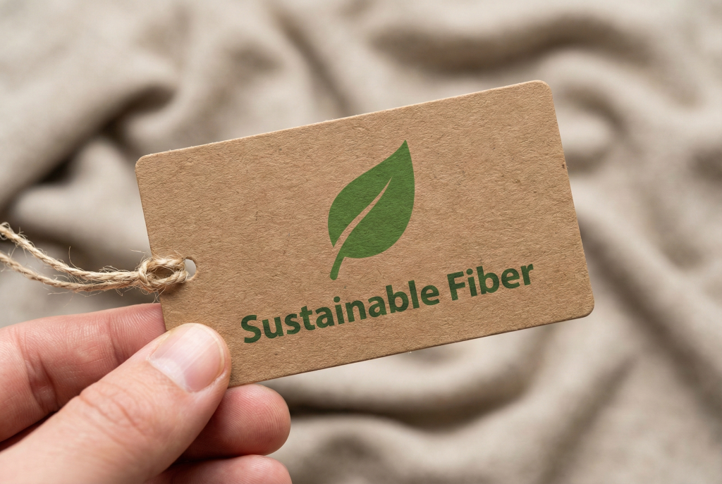Checking fabric certifications and labels for sustainable clothing manufacturing.