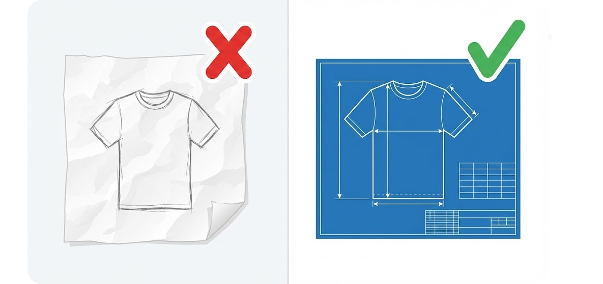 Comparison between a rough sketch and a professional tech pack with points of measure.
