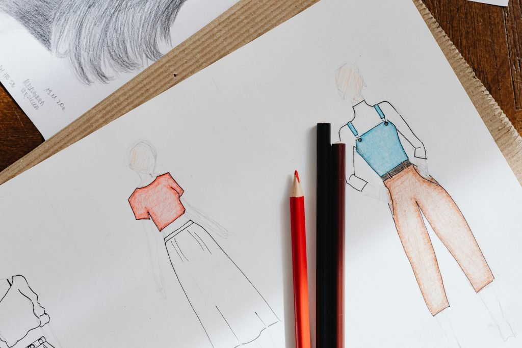 Fashion designer sketches for a custom cut and sew clothing line.