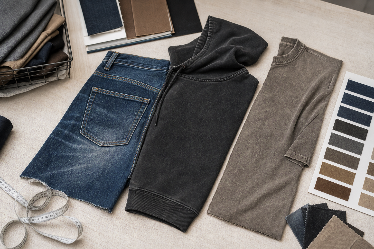Post-wash denim and hoodie samples compared for shade and measurements